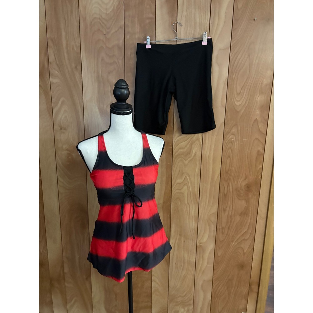 Amazon Red Black Striped Lace Up Tankini Set with Swim Shorts Womens Medium